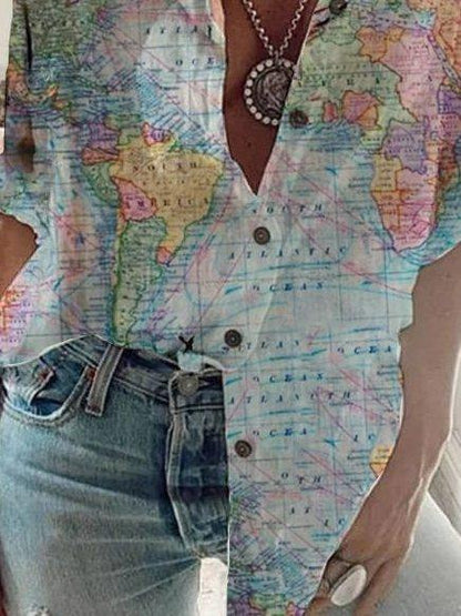 Vintage Map  Shift Short Sleeve Graphic Shirt Collar Shirts & Tops