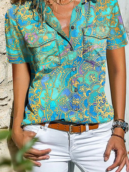 Printed Shirt Collar Short Sleeve Casual Shirts & Tops