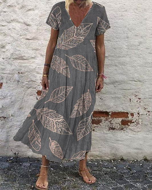 Casual Vintage Print Loose V-Neck Short Sleeve Maxi Dress