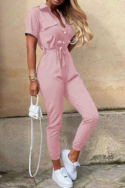 Antmvs Fashion Lapel Printed Belt Tooling Jumpsuit