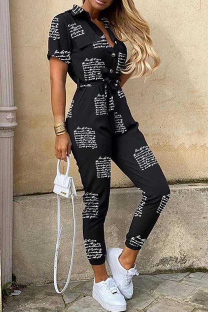 Antmvs Fashion Lapel Printed Belt Tooling Jumpsuit