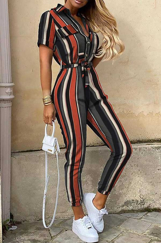 Antmvs Fashion Lapel Printed Belt Tooling Jumpsuit