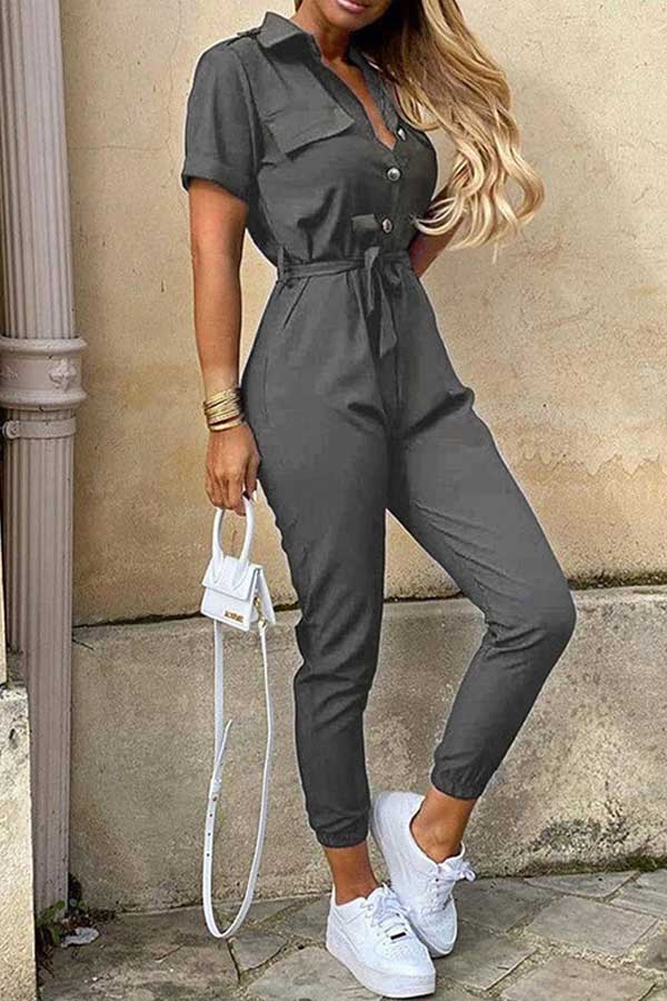 Antmvs Fashion Lapel Printed Belt Tooling Jumpsuit