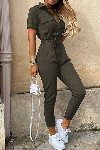 Antmvs Fashion Lapel Printed Belt Tooling Jumpsuit