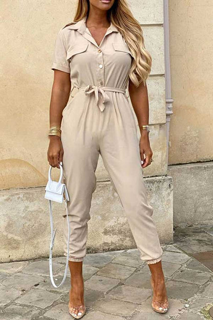 Antmvs Fashion Lapel Printed Belt Tooling Jumpsuit