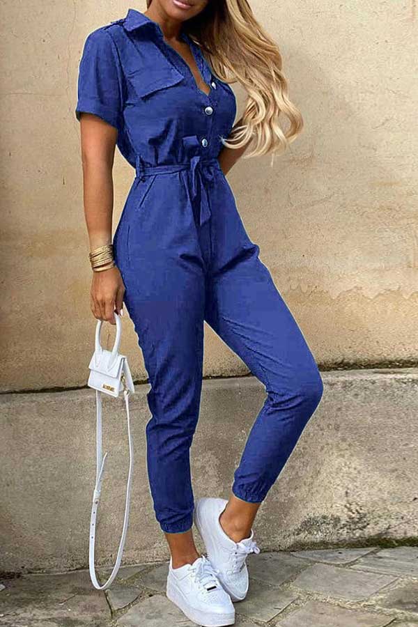 Antmvs Fashion Lapel Printed Belt Tooling Jumpsuit