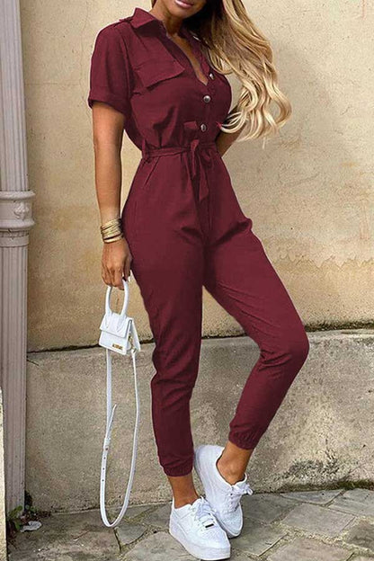 Antmvs Fashion Lapel Printed Belt Tooling Jumpsuit