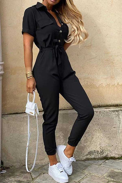 Antmvs Fashion Lapel Printed Belt Tooling Jumpsuit