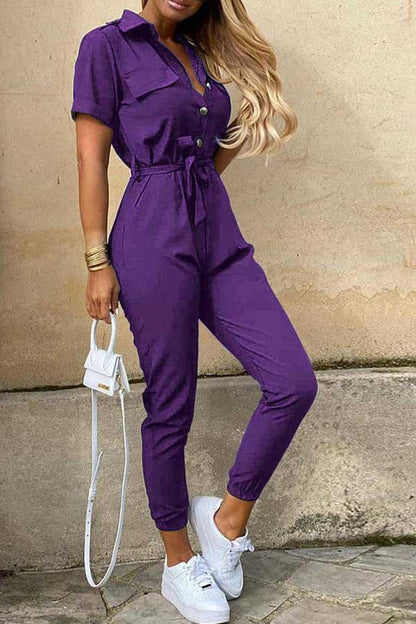 Antmvs Fashion Lapel Printed Belt Tooling Jumpsuit