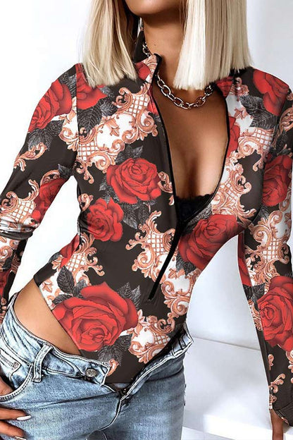 Fashion Sexy Print Zipper Design Skinny Bodysuit