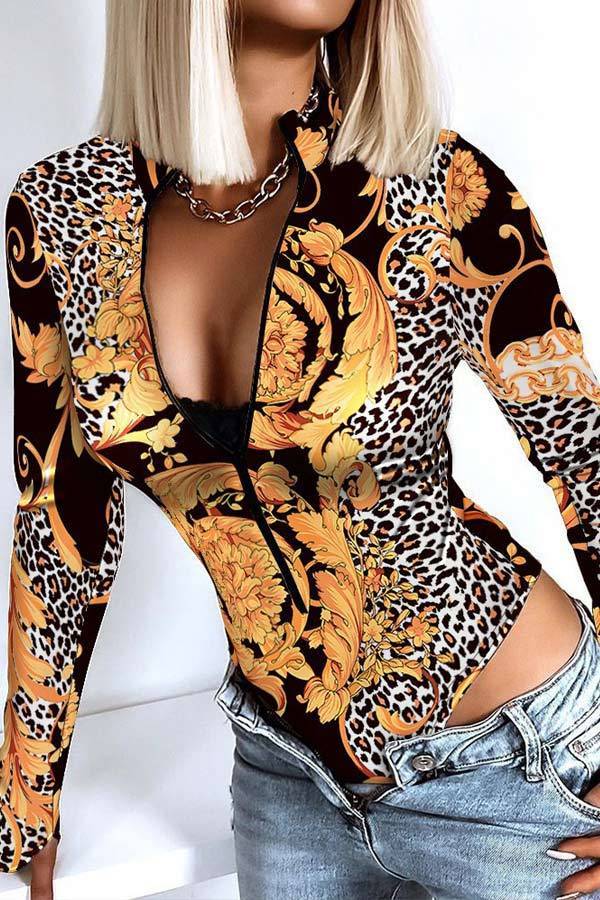 Fashion Sexy Print Zipper Design Skinny Bodysuit