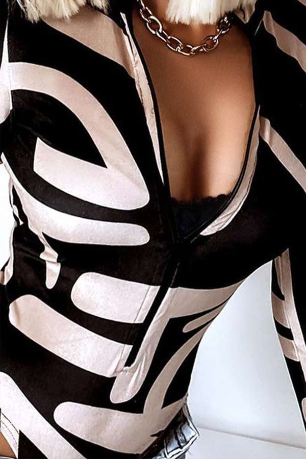 Fashion Sexy Print Zipper Design Skinny Bodysuit