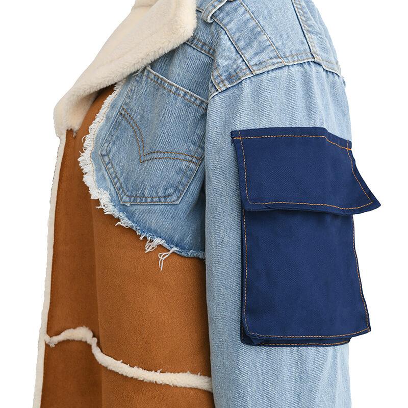 Fashion Stitching Fur Denim Long Outerwear