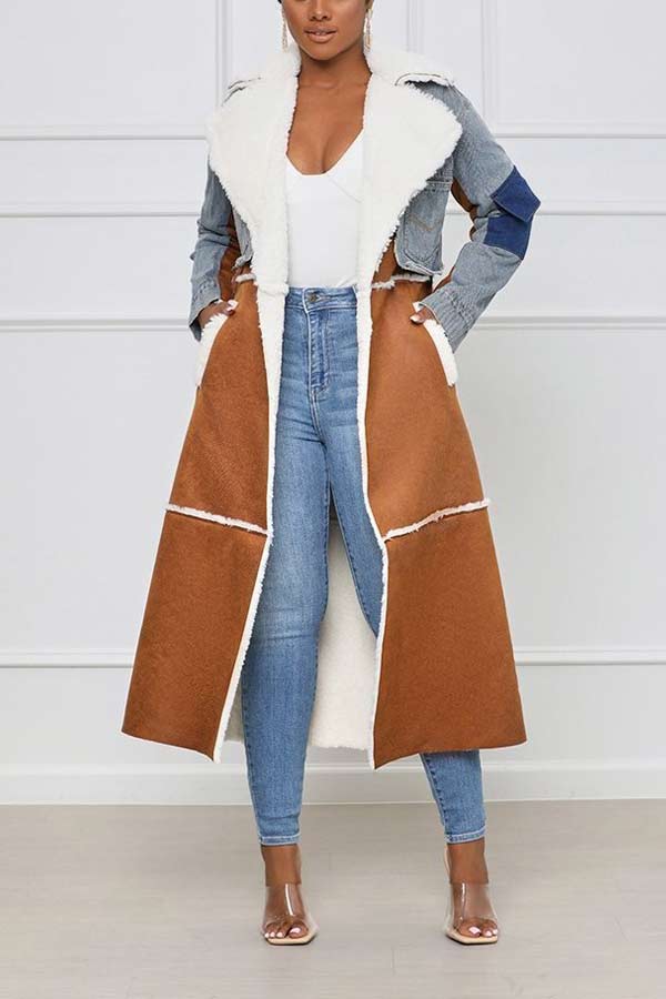 Fashion Stitching Fur Denim Long Outerwear