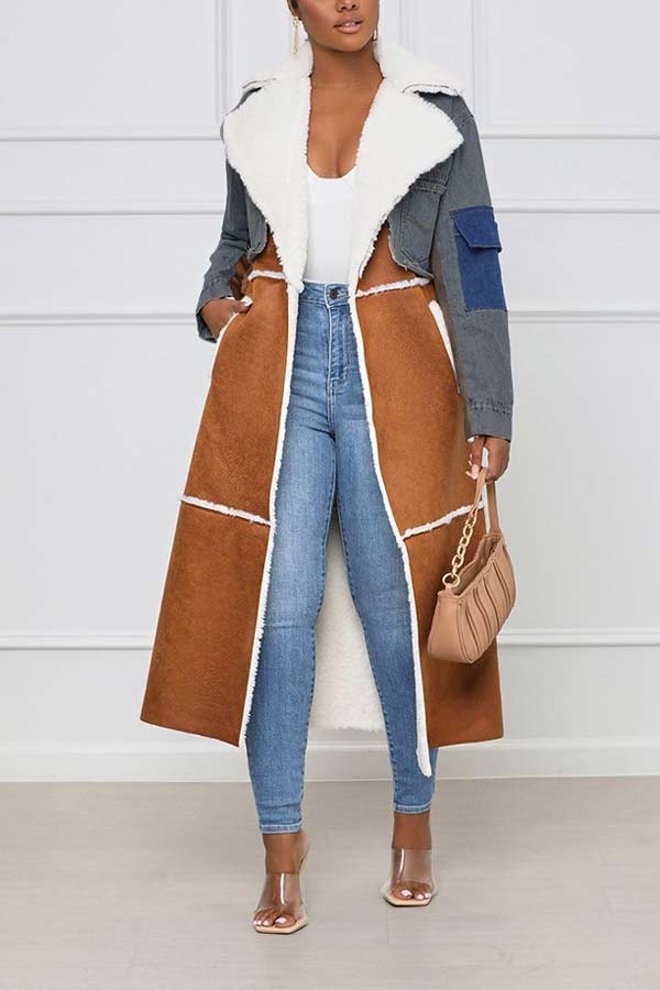 Fashion Stitching Fur Denim Long Outerwear