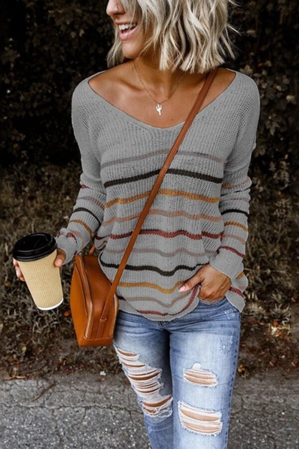 Sale Fashion V Neck Stripe Sweater