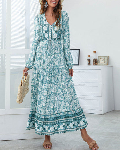 Casual Vintage Boho V-Neck Print Dress