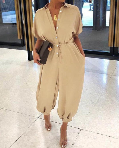 Antmvs Solid Color Fold-Over Collar Single-Breasted Short-Sleeved Jumpsuit