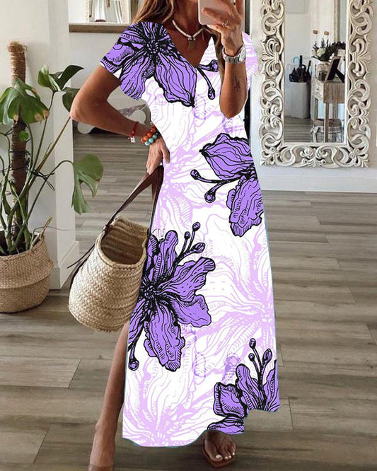 Casual Floral Print V-Neck Short Sleeve Hem Slit Maxi Dress