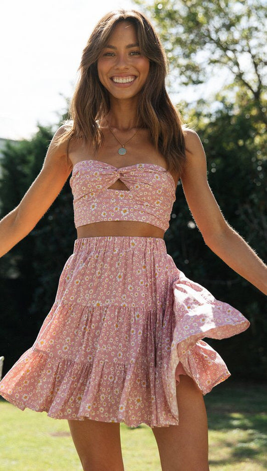 Antmvs Pink Floral Crop Top and Skirt Sets