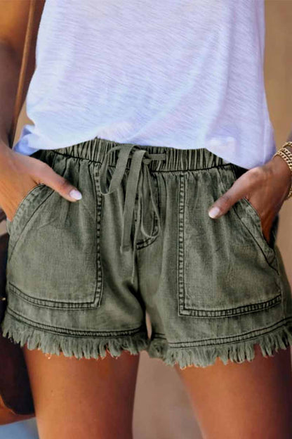 Antmvs Lace-up Fringed Thin Denim Shorts