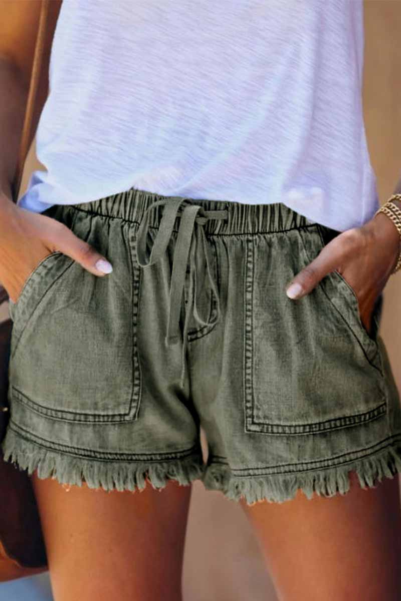 Antmvs Lace-up Fringed Thin Denim Shorts