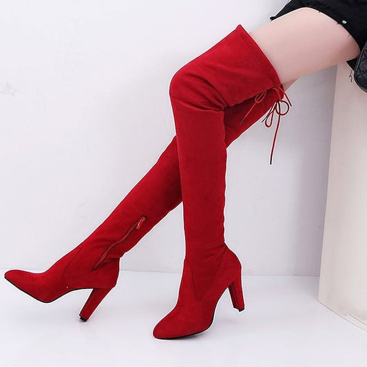 antmvs Autumn Boots  Women's Boots Plus Size Heel Boots Daily Over The Knee Boots Crotch High Boots Winter Lace-up Chunky Heel Pointed Toe Sweet Suede Loafer Solid Colored Black Red Gray