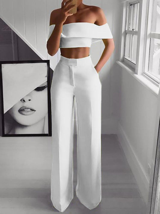 Antmvs One-Shoulder Crop Top & Mopping Pants Two-Piece Suit