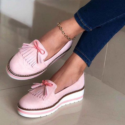 antmvs Women Tassel Bowtie Loafers Woman Slip On Sneakers Ladies Soft PU Leather Sewing Flat Platform Female Shoes All Seasons