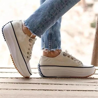 antmvs Women's Solid Color Canvas Lace-up High-heeled Thick-soled Breathable Non-slip Comfortable Fashion Casual Sneakers-0404