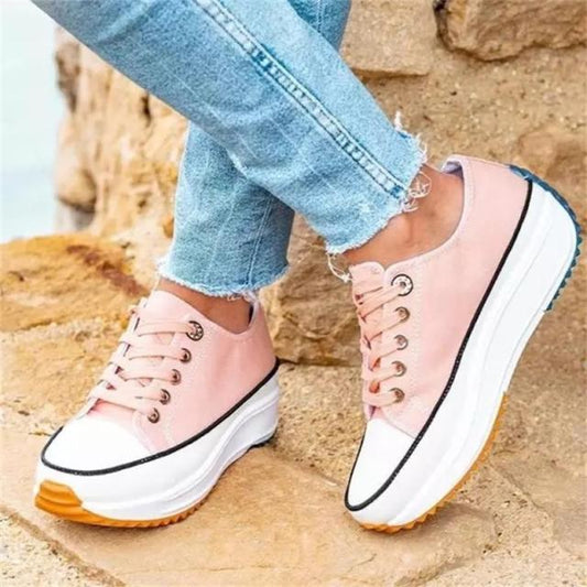 antmvs Women's Solid Color Canvas Lace-up High-heeled Thick-soled Breathable Non-slip Comfortable Fashion Casual Sneakers-0404