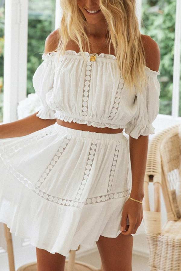 Antmvs Sexy Off Shoulder Solid Top Pleated Skirt Set