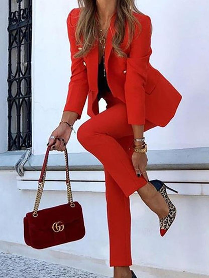 Antmvs Solid Top & Straight-leg Pants Two-piece Women Suit