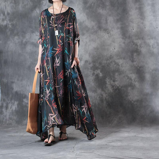 women black silk maxi dress oversized prints traveling clothing New big hem  caftans