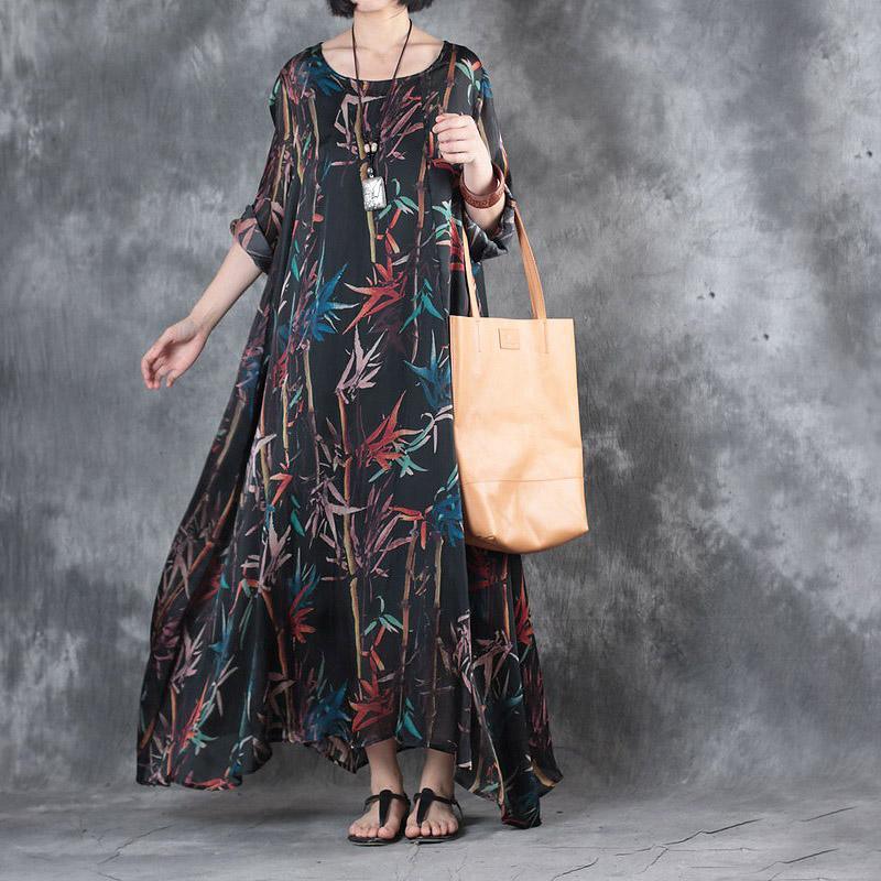 women black silk maxi dress oversized prints traveling clothing New big hem  caftans
