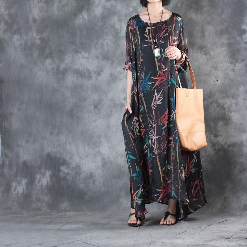 women black silk maxi dress oversized prints traveling clothing New big hem  caftans