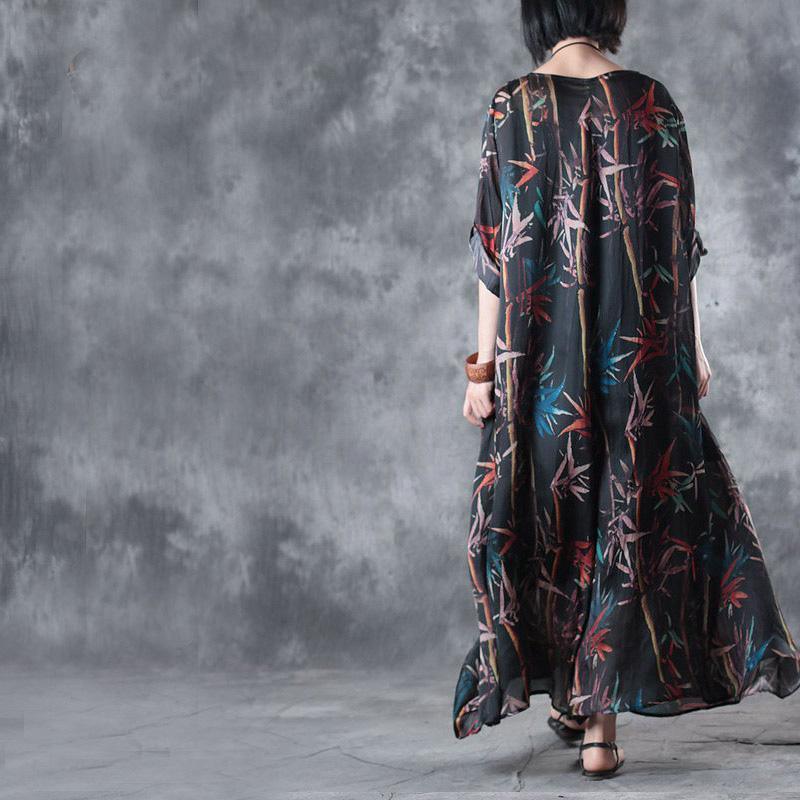 women black silk maxi dress oversized prints traveling clothing New big hem  caftans
