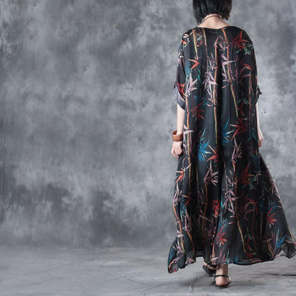 women black silk maxi dress oversized prints traveling clothing New big hem  caftans