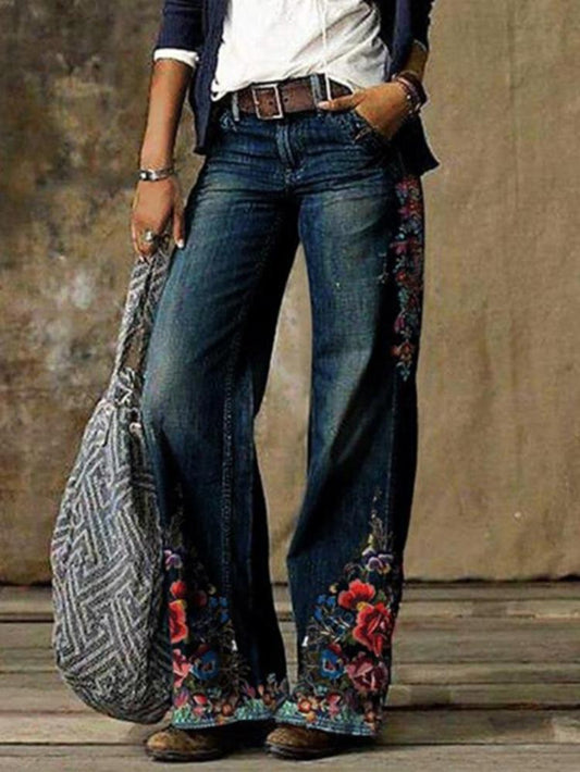 Antmvs Women's Jeans Casual Floral Print Pocket Wide-Leg Jeans