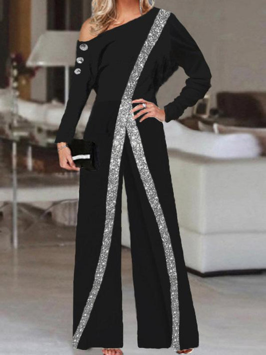 Antmvs Women's Jumpsuits Sequin Paneling Slanted Shoulder Long Sleeve Wide Leg Jumpsuit