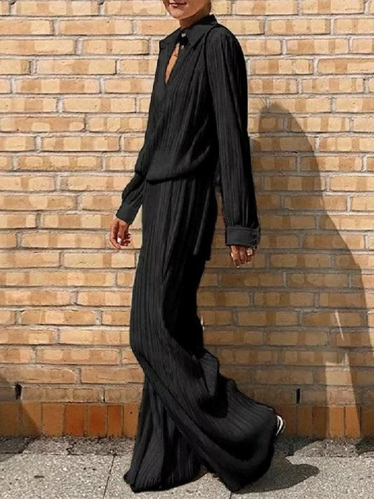 Antmvs Women's Sets Long Sleeve Pleated Shirt & Wide-Leg Trousers Two-Piece Suit