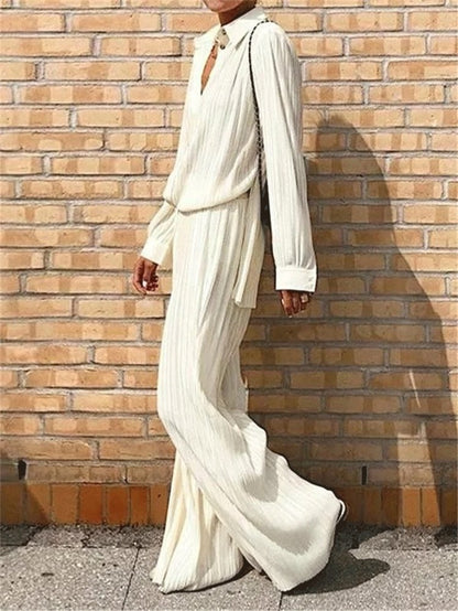 Antmvs Women's Sets Long Sleeve Pleated Shirt & Wide-Leg Trousers Two-Piece Suit