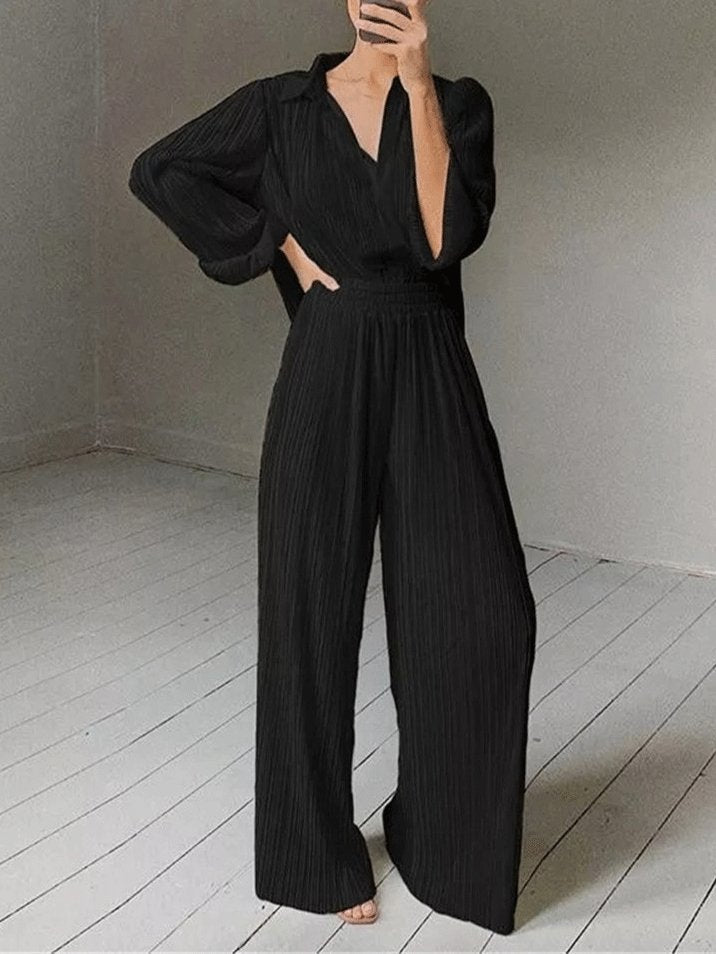 Antmvs Women's Sets Long Sleeve Pleated Shirt & Wide-Leg Trousers Two-Piece Suit