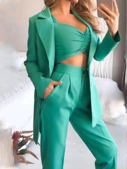 Antmvs Women's Sets Long Sleeve Small Suit Loose Solid Three-Piece Suit