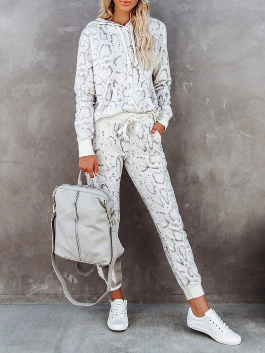 Antmvs Women's Sets Snake Print Hooded & Elasticated Trousers Two-Piece Suit