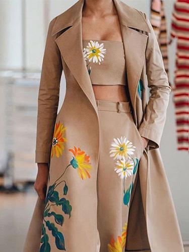 Antmvs Women's Sets Three-Piece Long Printed Tube Top Trousers Trench Coat